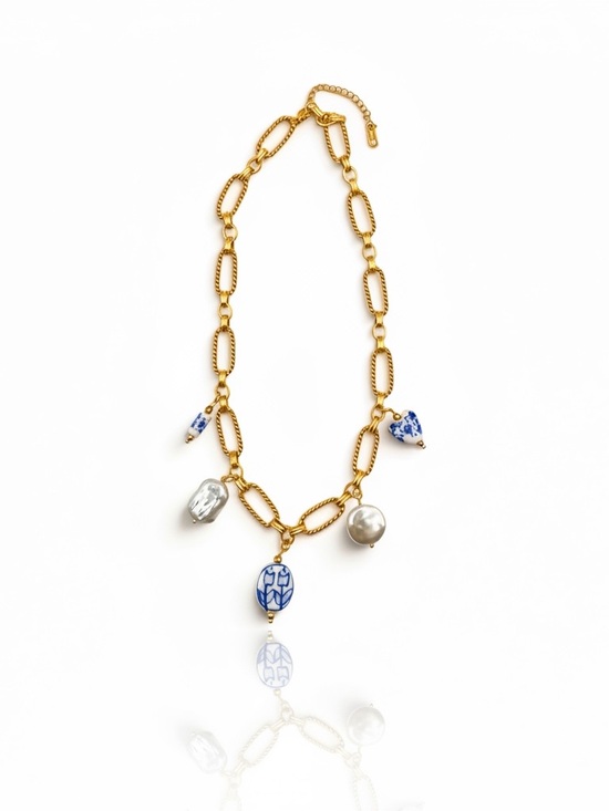 Jewelry - Gold Chain Charm Necklace with Blue Porcelain and Pearl Accents